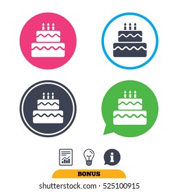 Birthday cake sign icon. Cake with burning candles symbol. Report document, information sign and light bulb icons. Vector