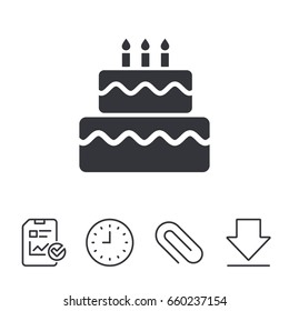 Birthday cake sign icon. Cake with burning candles symbol. Report, Time and Download line signs. Paper Clip linear icon. Vector