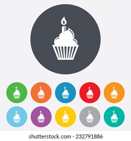 Birthday cake sign icon. Cupcake with burning candle symbol. Round colourful 11 buttons. Vector