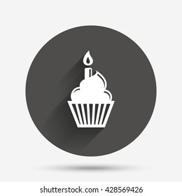 Birthday cake sign icon. Cupcake with burning candle symbol. Circle flat button with shadow. Vector