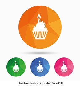 Birthday cake sign icon. Cupcake with burning candle symbol. Triangular low poly button with flat icon. Vector