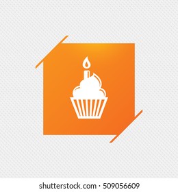 Birthday cake sign icon. Cupcake with burning candle symbol. Orange square label on pattern. Vector