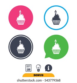 Birthday cake sign icon. Cupcake with burning candle symbol. Report document, information sign and light bulb icons. Vector