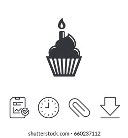 Birthday cake sign icon. Cupcake with burning candle symbol. Report, Time and Download line signs. Paper Clip linear icon. Vector