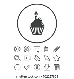 Birthday cake sign icon. Cupcake with burning candle symbol. Document, Chat and Paper clip line signs. Question, Pencil and Calendar line icons. Star, Download and Shopping cart. Vector