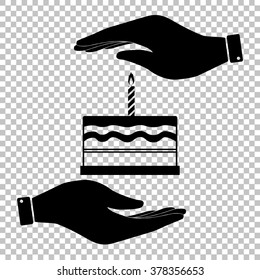 Birthday cake sign. Save or protect symbol by hands.