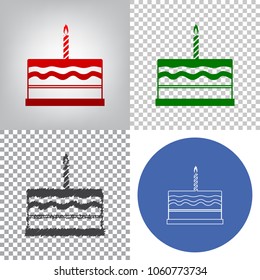 Birthday cake sign. Vector. 4 styles. Red gradient in radial lighted background, green flat and gray scribble icons on transparent and linear one in blue circle.