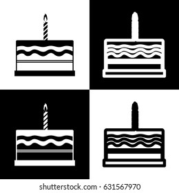Birthday cake sign. Vector. Black and white icons and line icon on chess board.