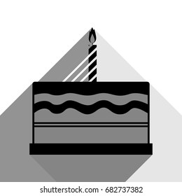 Birthday cake sign. Vector. Black icon with two flat gray shadows on white background.