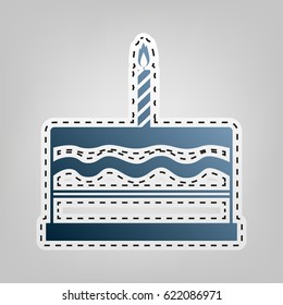 Birthday cake sign. Vector. Blue icon with outline for cutting out at gray background.