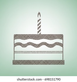 Birthday cake sign. Vector. Brown flax icon on green background with light spot at the center.