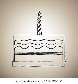 Birthday cake sign. Vector. Brush drawed black icon at light brown background.