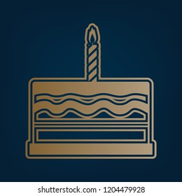 Birthday cake sign. Vector. Golden icon and border at dark cyan background.