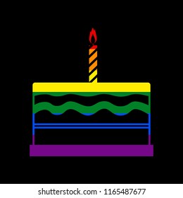 Birthday cake sign. Vector. Icon with colors of LGBT flag at black background.