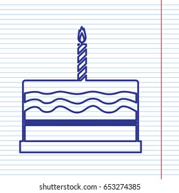 Birthday cake sign. Vector. Navy line icon on notebook paper as background with red line for field.
