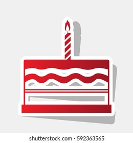 Birthday cake sign. Vector. New year reddish icon with outside stroke and gray shadow on light gray background.