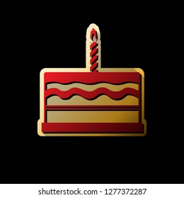 Birthday cake sign. Vector. Red icon with small black and limitless shadows at golden sticker on black background.