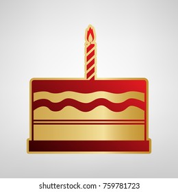 Birthday cake sign. Vector. Red icon on gold sticker at light gray background.