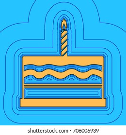 Birthday cake sign. Vector. Sand color icon with black contour and equidistant blue contours like field at sky blue background. Like waves on map - island in ocean or sea.