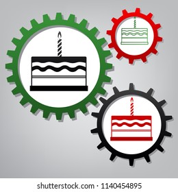 Birthday cake sign. Vector. Three connected gears with icons at grayish background.