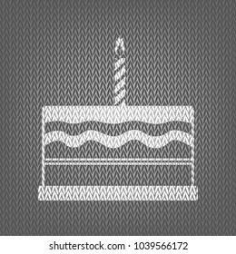 Birthday cake sign. Vector. White knitted icon on gray knitted background. Isolated.