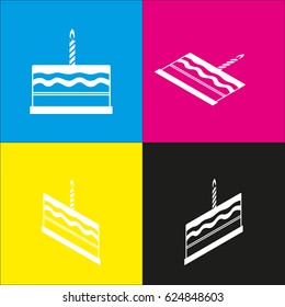 Birthday cake sign. Vector. White icon with isometric projections on cyan, magenta, yellow and black backgrounds.