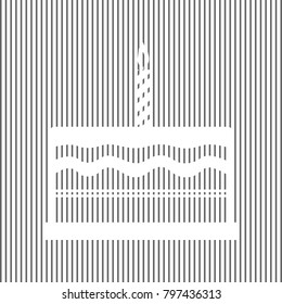 Birthday cake sign. Vector. White icon on grayish striped background. Optical illusion.