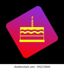 Birthday cake sign. Vector. Yellow icon at violet-red gradient square with rounded corners rotated for dynamics on black background.