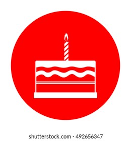 Birthday cake sign. White icon on red circle.