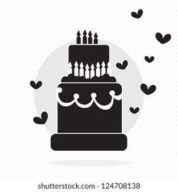 Birthday cake silhouette, with hearts and candles. Vector Illustration