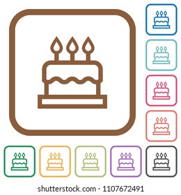 Birthday cake simple icons in color rounded square frames on white background