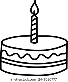 Birthday cake with a single lit candle, decorated with icing.