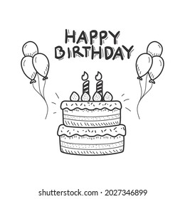 Birthday cake sketch in cute style isolated on white background