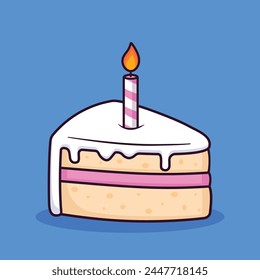 Birthday cake slice with a candle cartoon, cake vector illustration	
