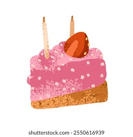 Birthday cake slice with candle, cream, strawberry. Sweet festive dessert with berry decor. Delicious confectionery treat, pastry, cut piece. Flat vector illustration isolated on white background