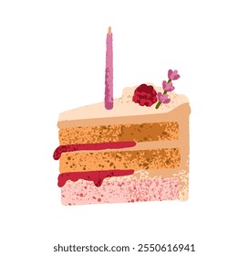 Birthday cake slice with candle. Sweet holiday dessert, cut piece with sponge layers, cream and berry jam. Delicious confectionery treat. Flat vector illustration isolated on white background