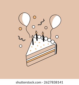 Birthday cake slice with candles and balloons minimalist vector illustration