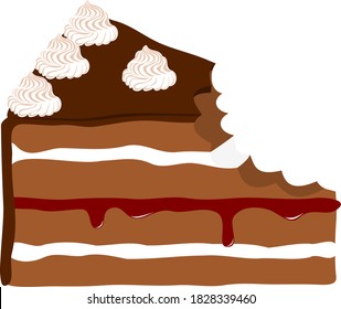 Birthday cake slice with Chocolate whipped cream frosting and a bite out of it. Party celebration layer sponge. clear backed cartoon vector illustration.