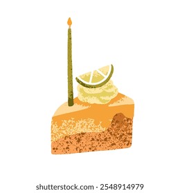 Birthday cake slice, cut piece. Festive dessert with citrus cream. Holiday sweet with lemon, lime and orange flavor. Confectionery with candle. Flat vector illustration isolated on white background