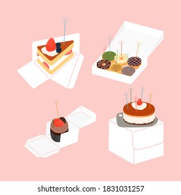 Birthday cake, cake slice, doughnuts, cupcake with packaging box. Hand drawn vector illustration.