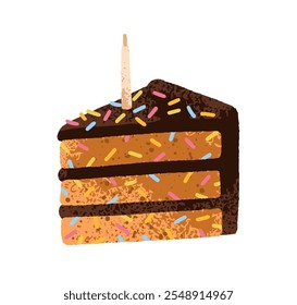 Rebanada de pastel de cumpleaños. Postre en capas con crema de chocolate y esponja, pieza cortada con chispas festivas y vela. Pastelería dulce, repostería. Ilustración vectorial plana aislada sobre fondo blanco