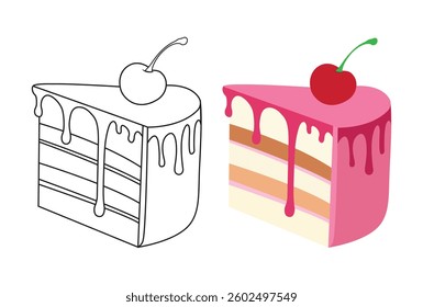 Birthday cake, slice and line art with candle vector illustration. 