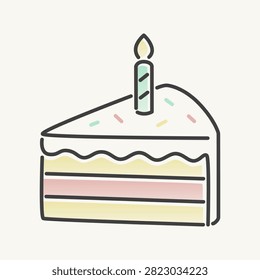 Birthday Cake Slice with Lit Candle Flat Line Vector Illustration. A triangular slice of layered birthday cake topped with white frosting, colorful sprinkles, and a single lit candle. Perfect for birthday party designs, greeting cards, and celebration graphics.