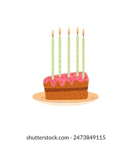 Birthday cake slice portion. Sweet holiday bakery piece. Pastry festive dessert with cream and candles for breakfast. Vector pie hand drawn flat illustration isolated on white background.