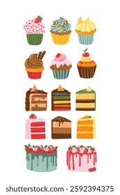 birthday cake slice, Raspberry Strawberry mousse cake, cupcake, creamy cake, muffin sticker collection