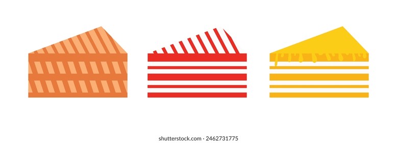 Birthday cake slice set line. Different flavor pieces. Delicious dessert, pastries. Cute cartoon food. Flat design Isolated white background Vector illustration. EPS 10.