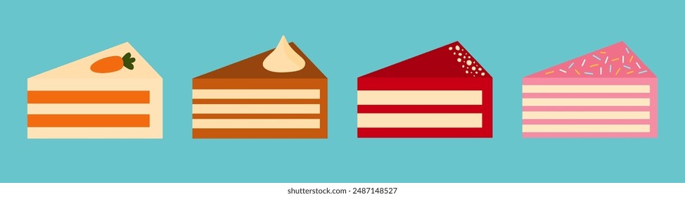 Birthday cake slice set line. Different flavor pieces. Chocolate, carrot, red velvet, pink cakes collection. Delicious dessert, pastries. Cute cartoon food. Flat design Isolated Blue background Vector