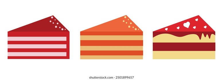 Línea de set de rebanadas de pastel de cumpleaños. Delicioso postre, pasteles. Linda comida de dibujos animados. Diseño plano Fondo blanco aislado Ilustración vectorial eps10