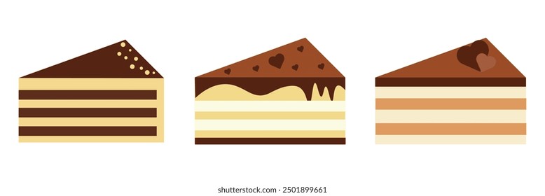 Birthday cake slice set line. Delicious dessert, pastries. Cute cartoon food. Flat design Isolated white background Vector illustration eps10