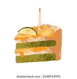 Bolo de aniversário, sobremesa doce. Matcha com camadas e massa cítrica, padaria. Corte peça com vela festiva. Doce massa com geleia de limão, limão. Ilustração de vetor plano isolada no plano de fundo branco